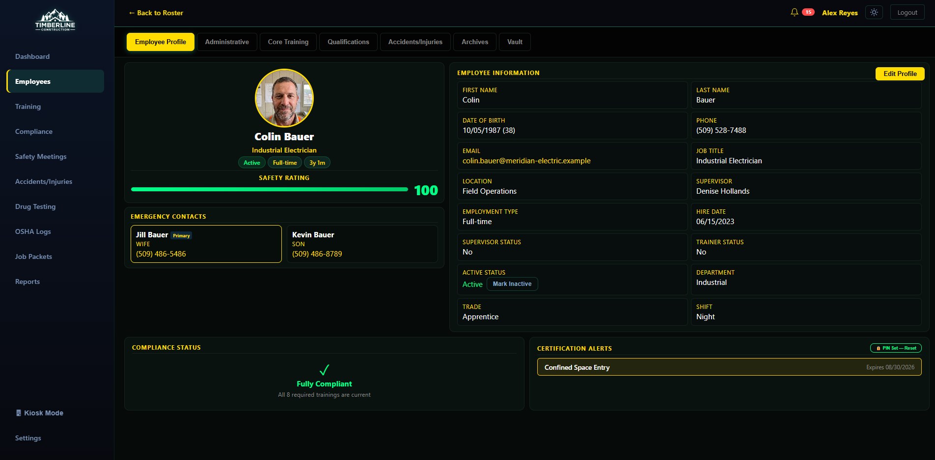 CrewSafety employee profile: photo, employment info, emergency contacts, compliance status, and certification alerts, with the full tab bar visible above