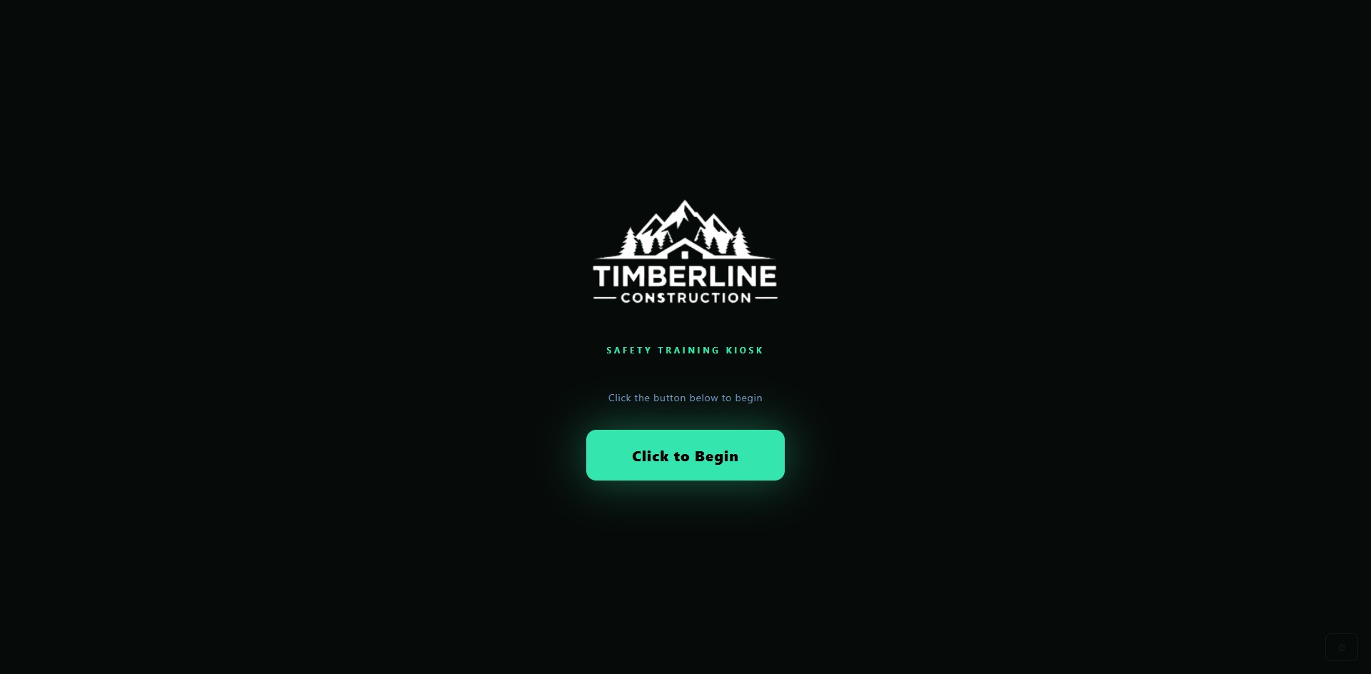 The employee kiosk welcome screen carrying the company's own logo, with a large Click to Begin button