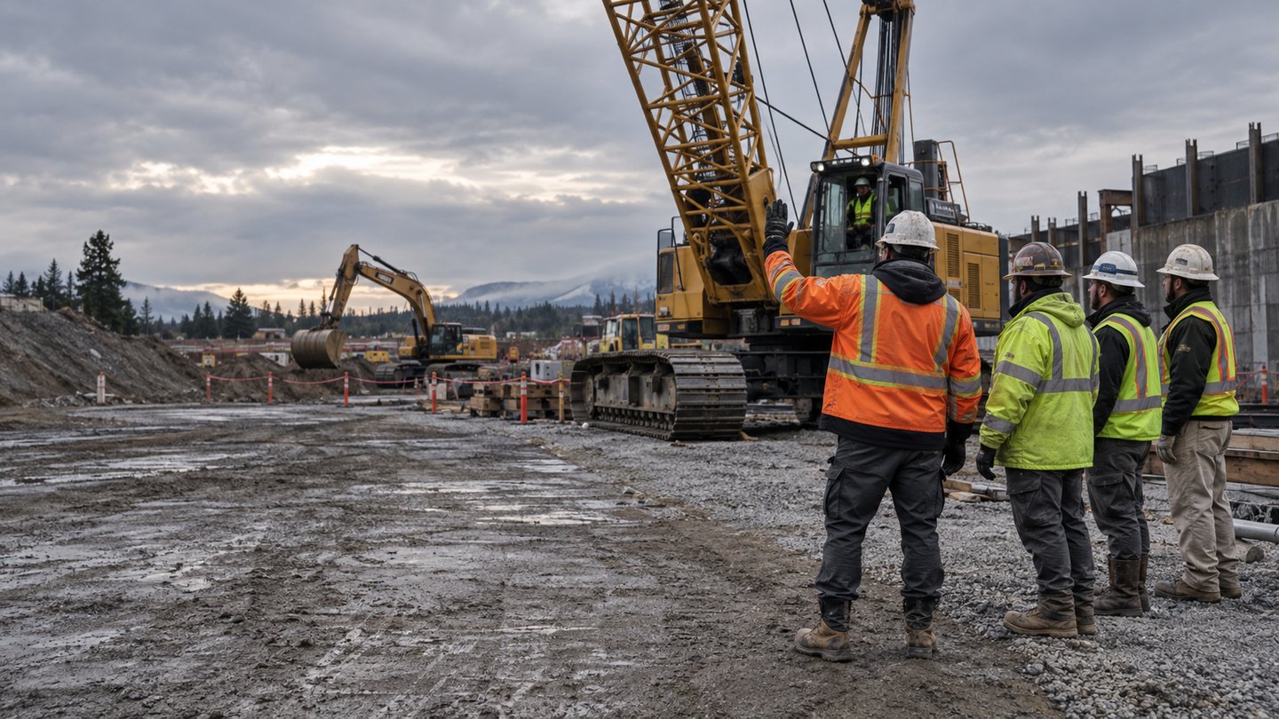 Stay out of the line of fire around equipment and loads — construction crew safety meeting